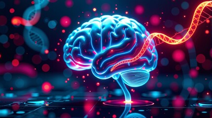 Neon hologram brain red and blue colors