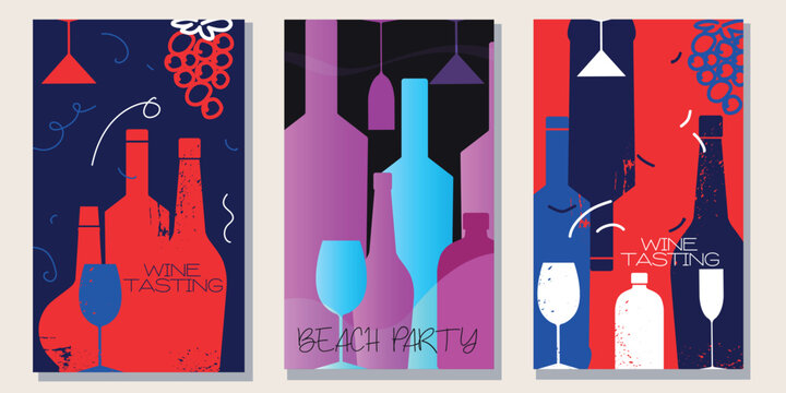 Wine list design collection, sommelier flyer, bar alcohol menu. Wine shop poster, drinking, drunkenness, flat illustration of alcohol bottle, glasses, grapes, scuffed texture