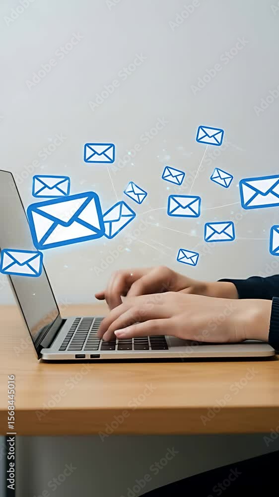 Poster email marketing campaign on laptop, business communication with floating letter icons showcasing eff