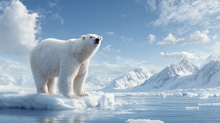 Polar bear standing on ice floe. Snowy mountains and blue sky. Arctic wildlife and climate change. Pristine environment.