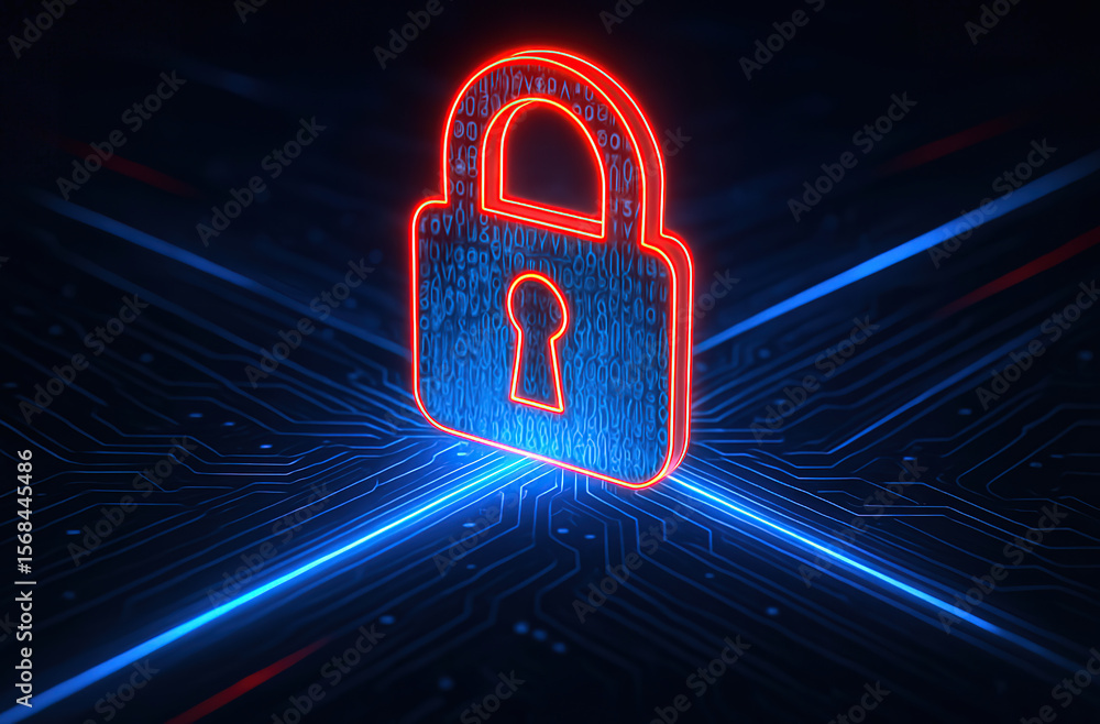 Poster digital padlock icon glowing with neon red light on a futuristic circuit board background
