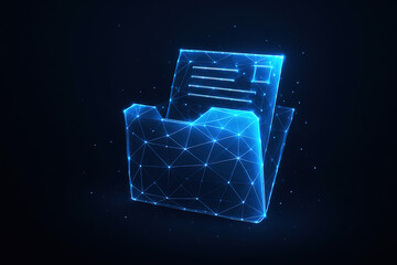 Abstract glowing blue digital wireframe folder with documents on a dark background representing data organization