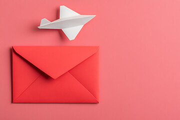 A white paper airplane flies above a coral colored envelope, both set against a solid coral background. Suggests travel, messages, and communication.