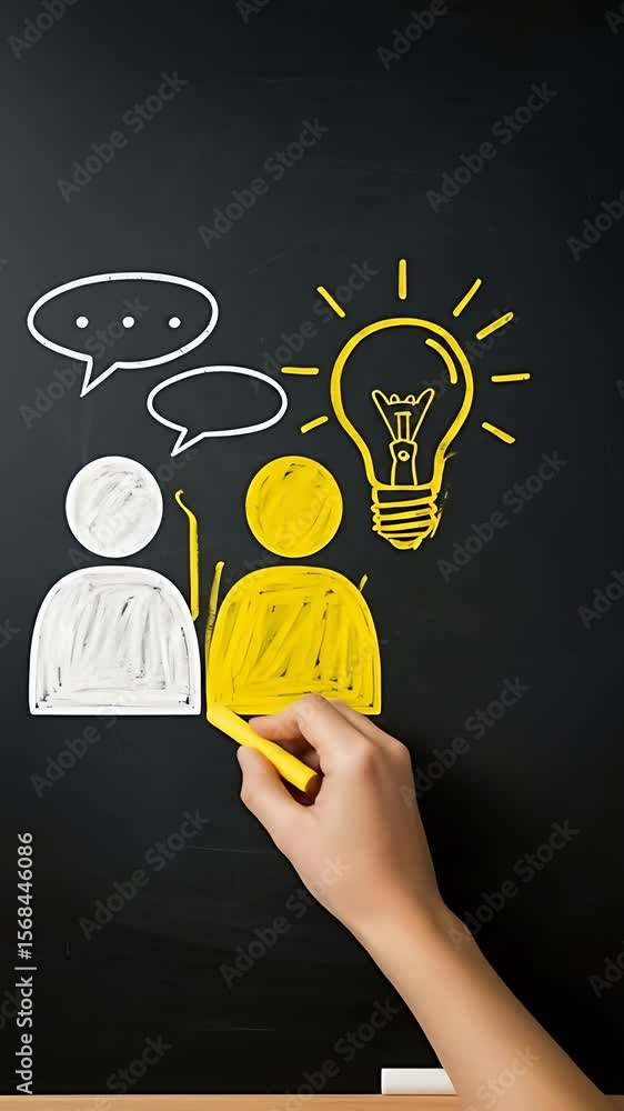 Poster brainstorming session: two people discuss new ideas represented by lightbulb and speech bubbles on a