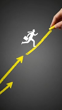 Career Growth: Man Running on Arrow Graph Drawn by Hand Illustrating Success and Motivation