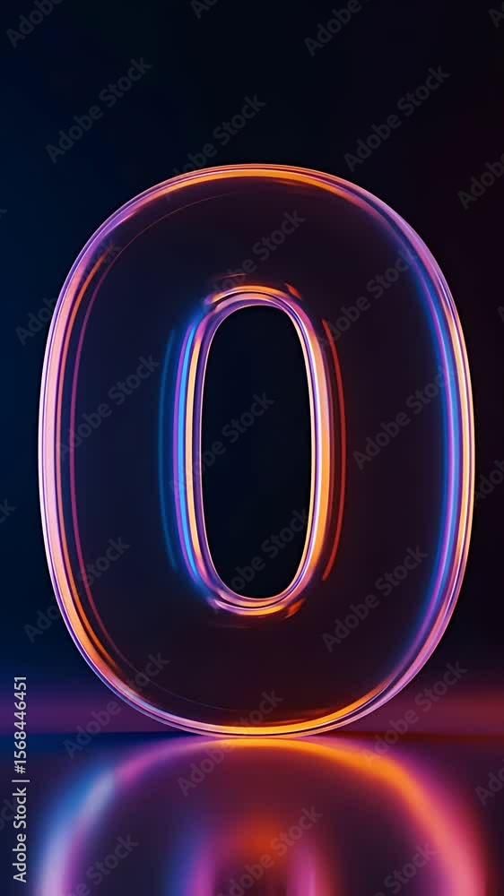 Poster luminous zero: translucent number in vibrant neon lighting reflected on dark surface