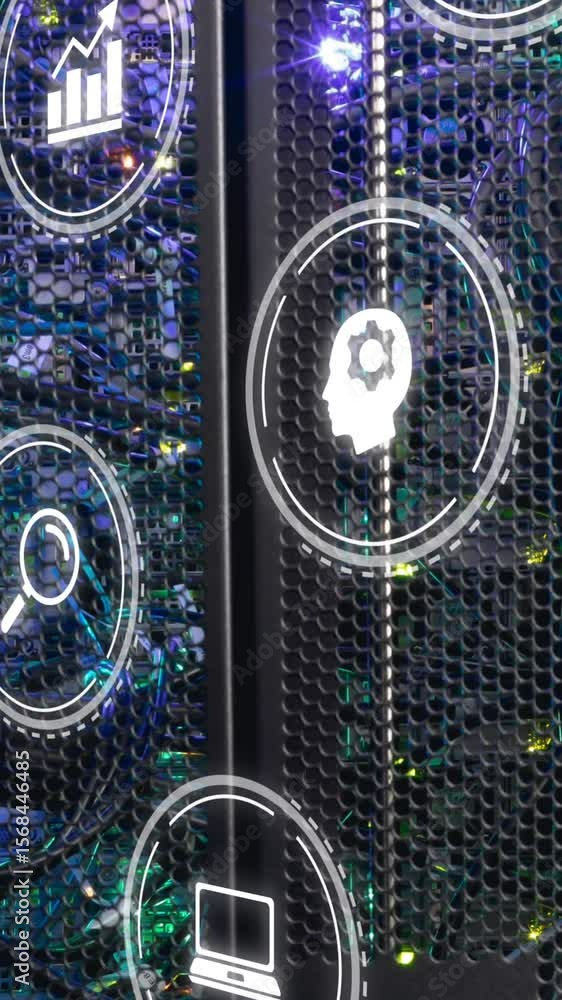 Poster animation of multiple digital icons against close up of a computer server