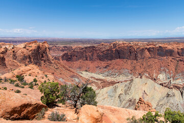 High angle panoramic view over the Island in the Sky section of Canyonlands National Park, Utah, USA with geological structure Upheaval Dome interpreted as a meteorite impact structure or a salt dome