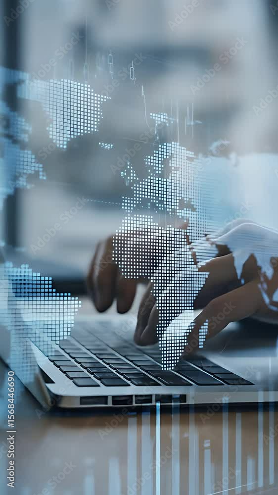Poster global business analysis: man in his 30s types on laptop with transparent world map overlay for data
