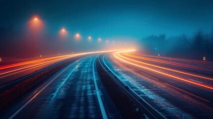 Obraz premium A long exposure shows a road at night with light trails
