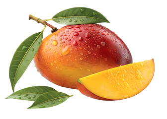 Ripe Red Mango with Green Leaves and Slice Isolated on a transparent background ripe mango
