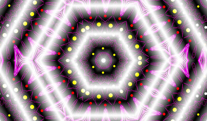 A symmetrical pattern radiates from a central point, featuring a kaleidoscope of colors including pink, yellow, and white. Geometric shapes and intricate light effects create a  hypnotic design