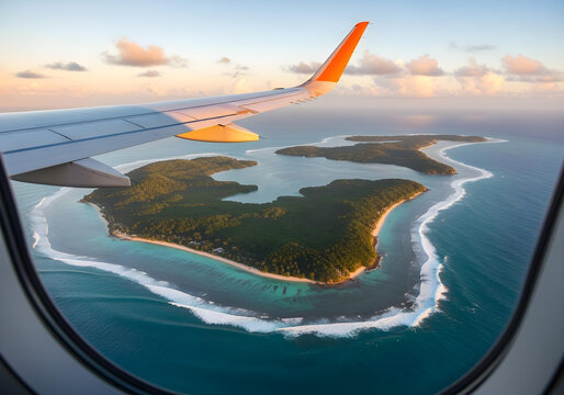 Fototapeta Golden hour aerial view of pristine tropical islands with white sand beaches and turquoise ocean, seen from an airplane window. Ultimate travel inspiration