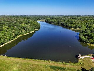 Fototapeta premium Aerial view of Lake Le-Aqua-Na State Recreation Area from the east looking west