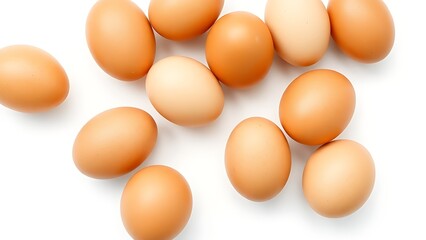 Fresh brown eggs with natural texture, isolated on a pure white background under soft overhead lighting.