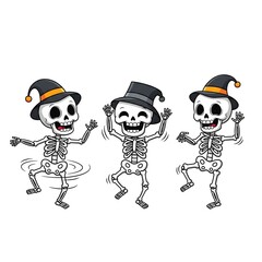 Skeletons cartoon dancing wear hats with cheerful expressions