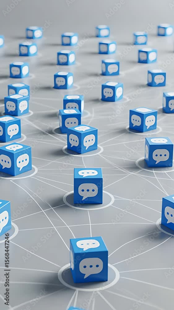 Poster communication network: interconnected blue cubes with chat icons forming a digital connectivity grid
