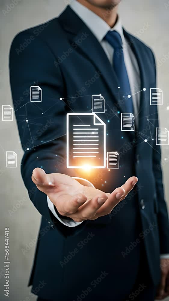 Poster documents management concept: business man shows online data file and connection in digital storage.