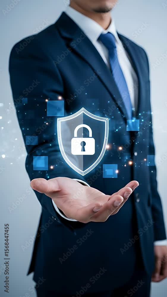 Poster data security concept: businessman offering shield with padlock to protect digital information and n