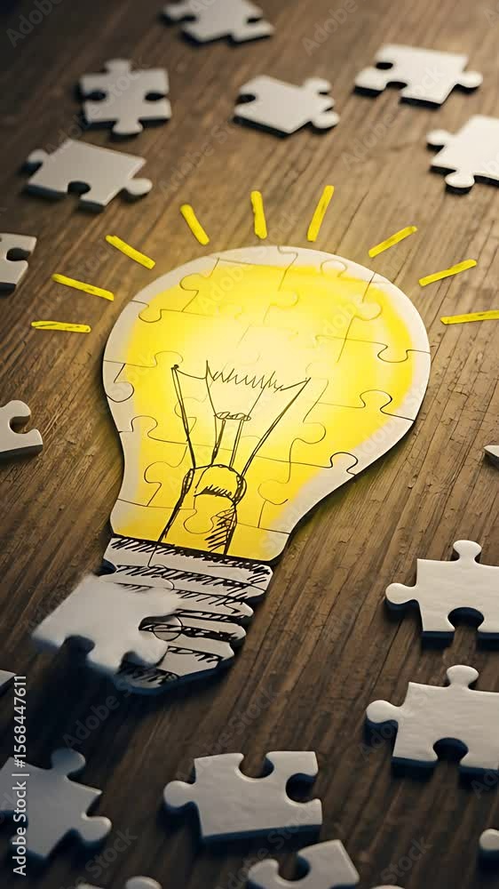 Poster lightbulb puzzle: connecting the idea with creativity and problem solving on wood grain