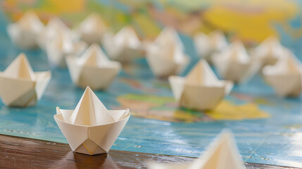 Symbolic globe with tiny paper boats floating towards country border, representing migration, global movement, and international relations concepts.

