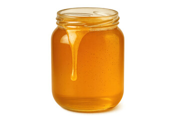 Honey dripping from glass jar, revealing golden liquid's rich color and silky consistency against transparent backdrop