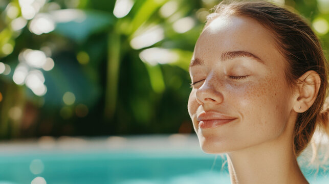 Tranquil backyard poolside yoga serenity in nature's embrace - Powered by Adobe
