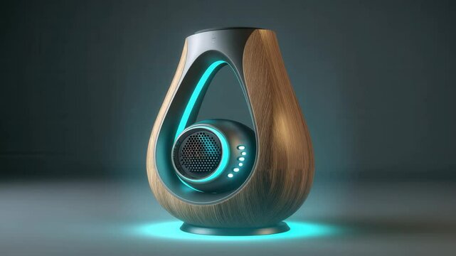 Stylish modern wooden speaker with elegant curved design, equipped with advanced Bluetooth technology and lighting