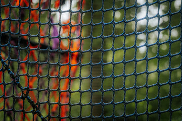 A detailed view of a blue net with a soft-focus background showing blurred orange lights or fabric and green bokeh from trees.