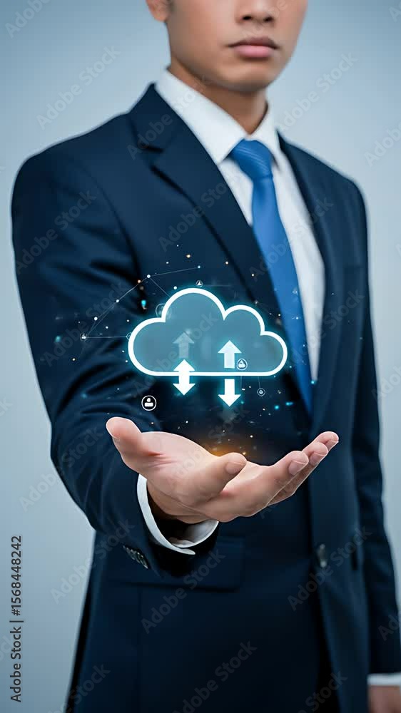 Poster cloud computing businessman: a professional in a suit displays holographic cloud for data storage an