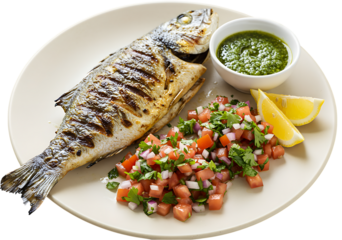 Grilled Sea Bass Lemon Slices Tomato Salsa Green Sauce isolated on a transparent background