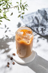 Ice latte coffee in a glass with milk on a light background with coffee beans, branch and morning shadows.
