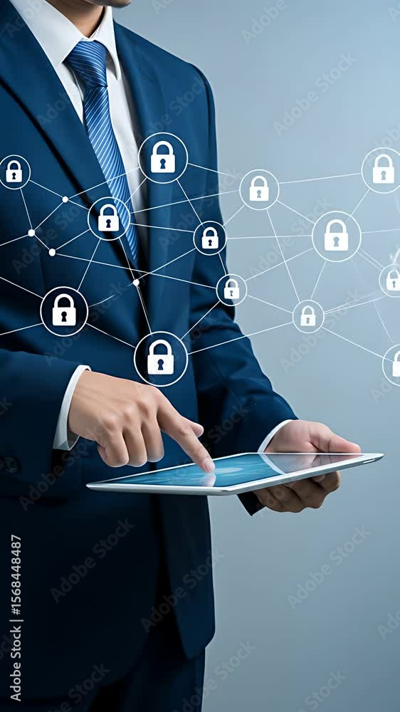 Poster data security management: a businessman utilizes a tablet with lock icons, signifying robust network