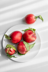 Fresh red peaches or nectarines with green leaves, on plate on white table and sunlight from window.