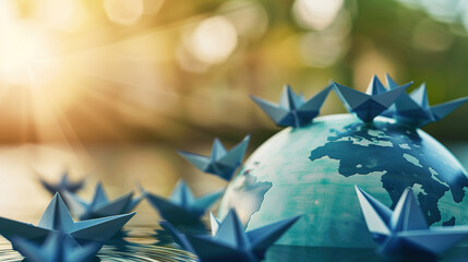 Symbolic globe with tiny paper boats floating towards country border, representing migration, global movement, and international relations concepts.
