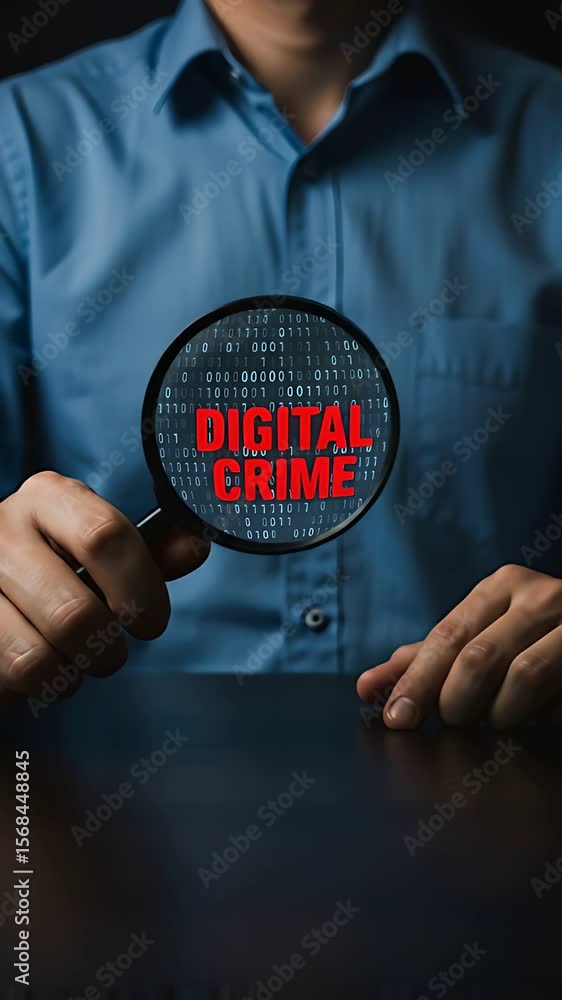Poster investigating digital crime: man examines cybersecurity with magnifying glass revealing binary code 
