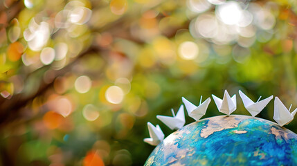 Symbolic globe with tiny paper boats floating towards country border, representing migration, global movement, and international relations concepts.
