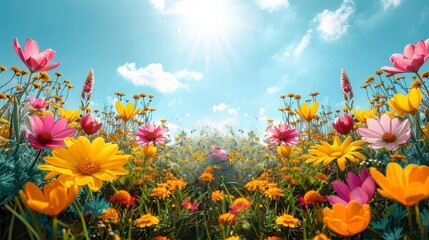Colorful meadow blooms under a bright, sunny sky with scattered clouds. Wide angle view of nature