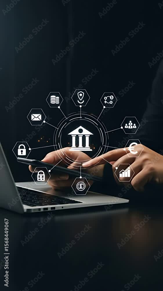 Poster online banking strategy: a man in his thirties using digital tools?a laptop and smartphone?to naviga