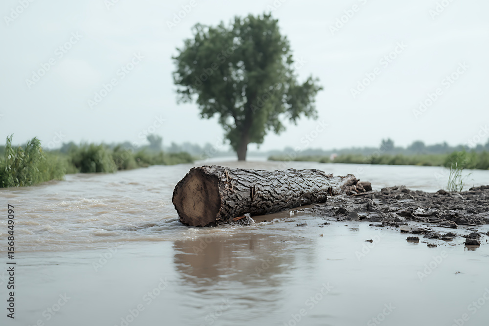 Poster submerged log and a distant tree in a flooded field. water surrounds nature, creating a scene of une