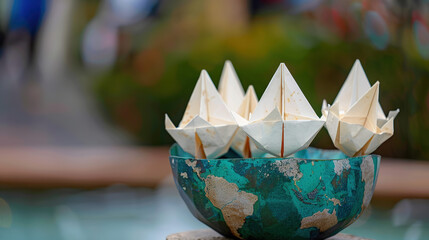 Symbolic globe with tiny paper boats floating towards country border, representing migration, global movement, and international relations concepts.
