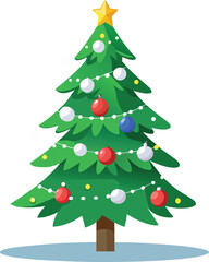 Whimsical Christmas Tree Illustration with Festive Ornaments and Star Topper Depicting Holiday Cheer