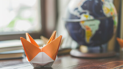 Symbolic globe with tiny paper boats floating towards country border, representing migration, global movement, and international relations concepts.
