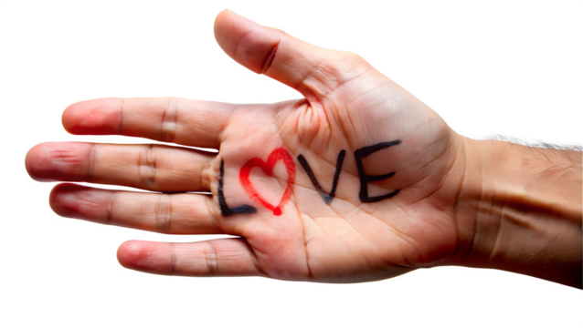 Hand with love written on palm isolated on transparent background