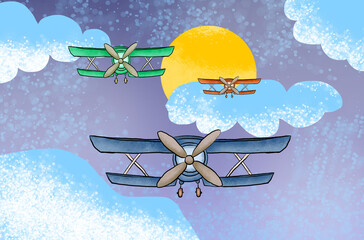 Colorful biplanes flying in sunny sky, airplanes watercolor illustration © Rafael