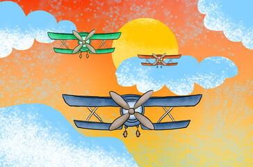 Colorful biplanes flying in sunny sky, airplanes watercolor illustration © Rafael