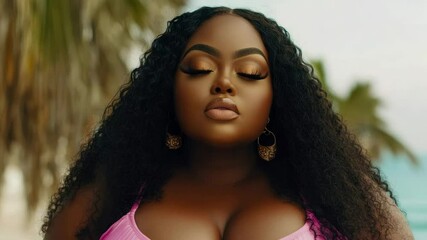 Radiant beauty of a woman with dark complexion and curly tresses, finding peace in an outdoor oasis - Powered by Adobe