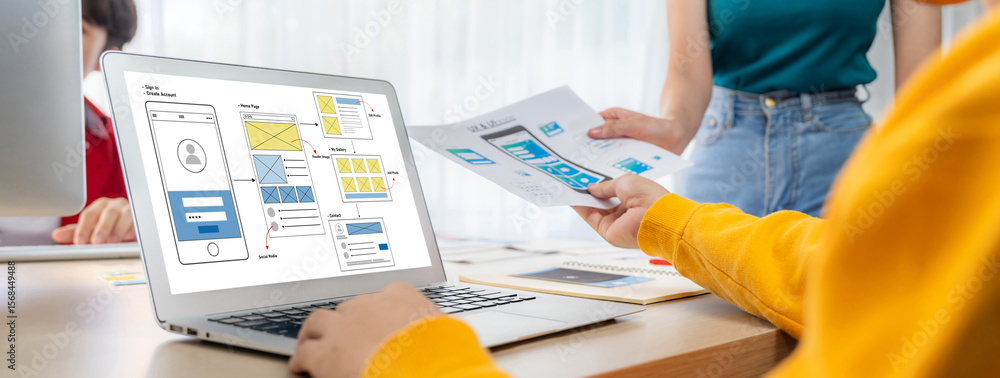 Poster ux ui design process for brisk mobile application and website . creative prototype of wireframe for 