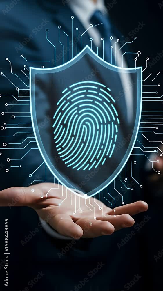 Poster data security: businessman holding secure fingerprint authentication on a digital shield, symbolizin