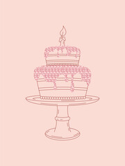 Hand-drawn birthday cake with pink floral frosting on a cake stand. Minimalist line art style on pastel background. Perfect for greeting cards, party designs, and invitations.